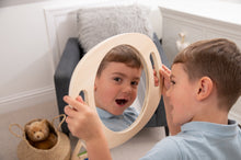 Load image into Gallery viewer, Boy playing with Tickit Large Hand Held Wooden Mirror
