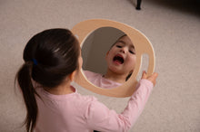 Load image into Gallery viewer, girl playing with Tickit Large Hand Held Wooden Mirror
