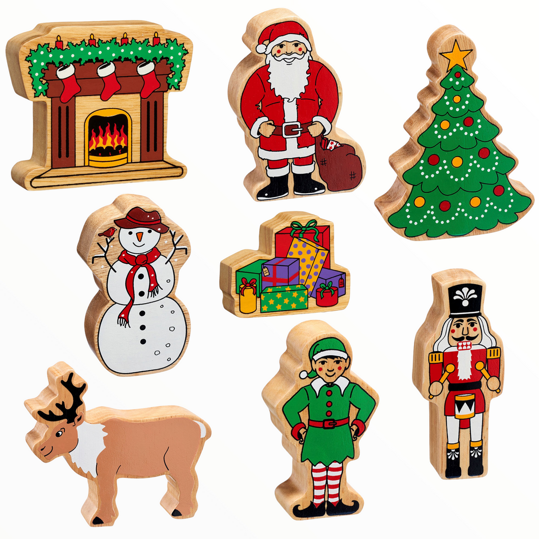 Lanka Kade christmas Santa, Reindeer, Elf, Nutcracker, Snowman, Christmas Tree, Stack of Presents and Fireplace with Stockings